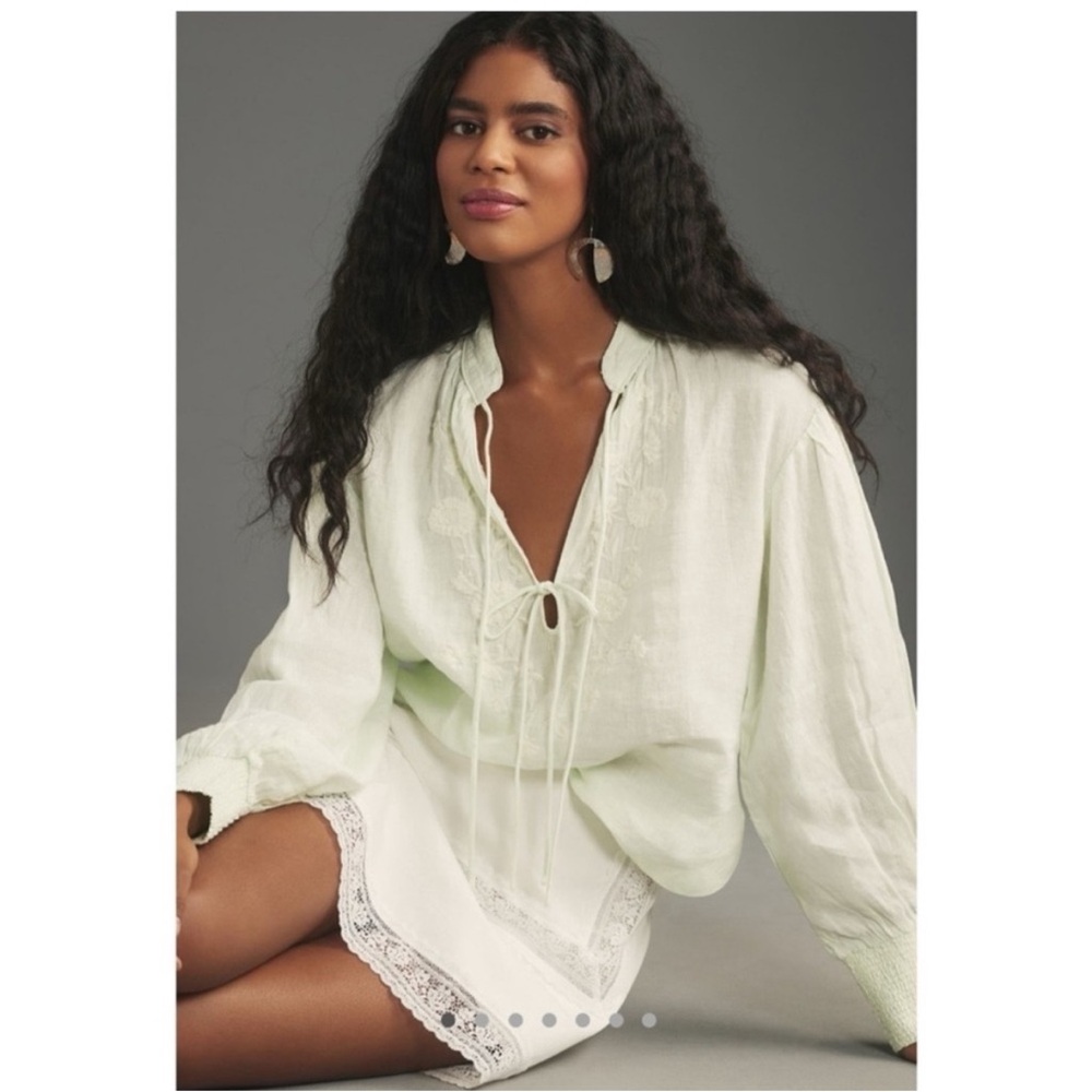 by Anthropologie Mint Green Floral Embroidered Linen Peasant Blouse M - Picture 5 of 11